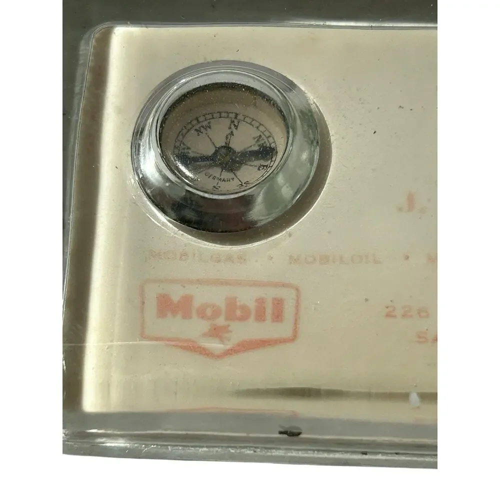 Vintage 1940's Mobil Gas Oil Advertising Glass PAPERWEIGHT Mirror & Compass